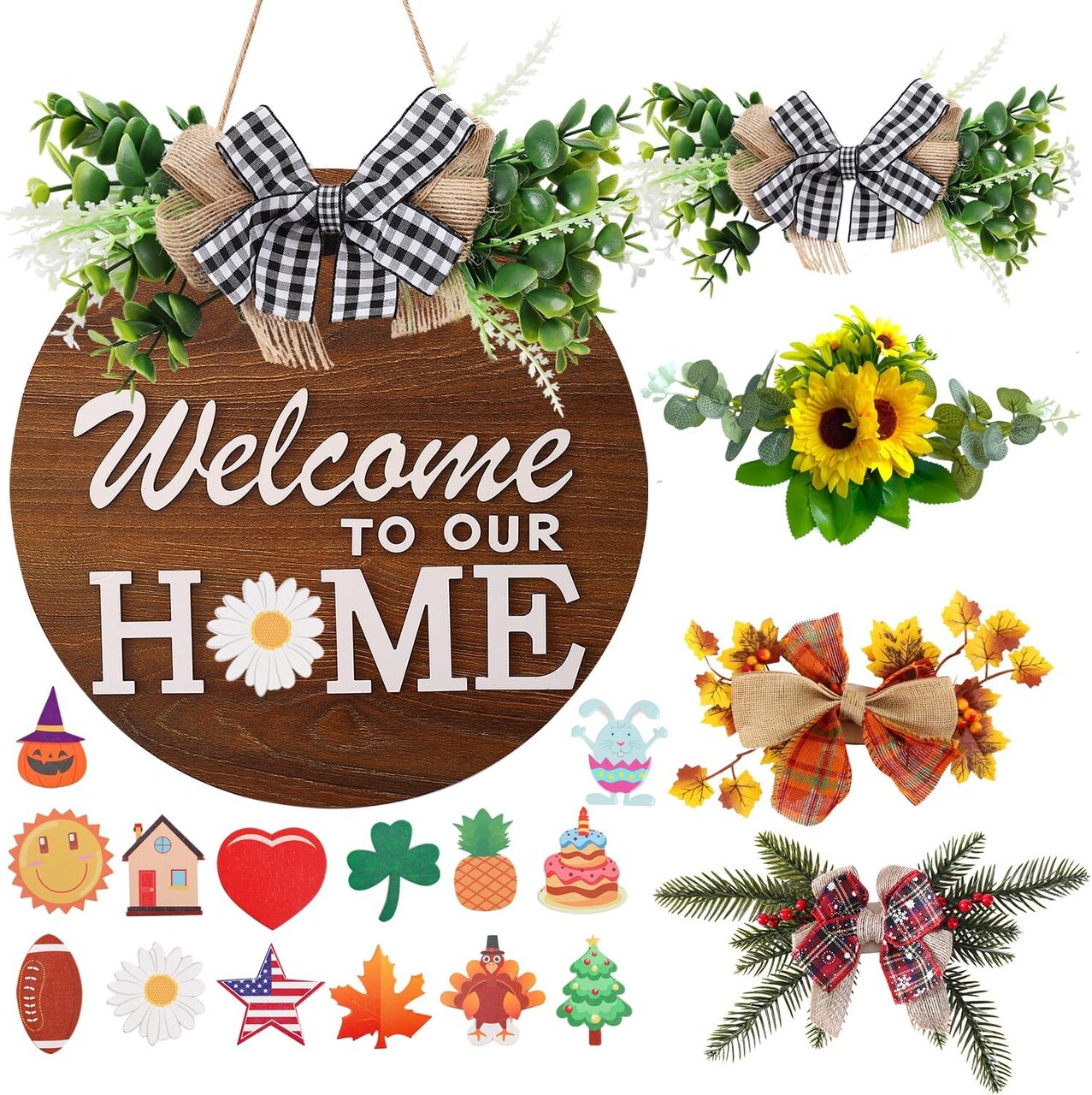 Interchangeable Welcome Sign for Front Door with 4 Seasonal Wreaths and 14 Changeable Icons, Farmhouse Front Door Signs, Door Decoration Porch Decor, Seasonal Wooden Home Sign home décor (6wood)